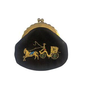 Vintage Black Velvet Coin Purse With Embroidered Horse & Carriage Design